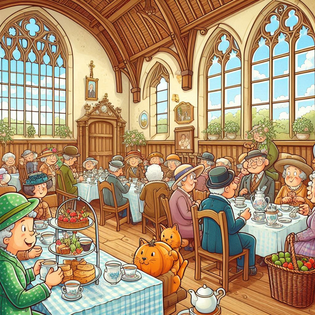 Old-fashioned afternoon tea in a village hall